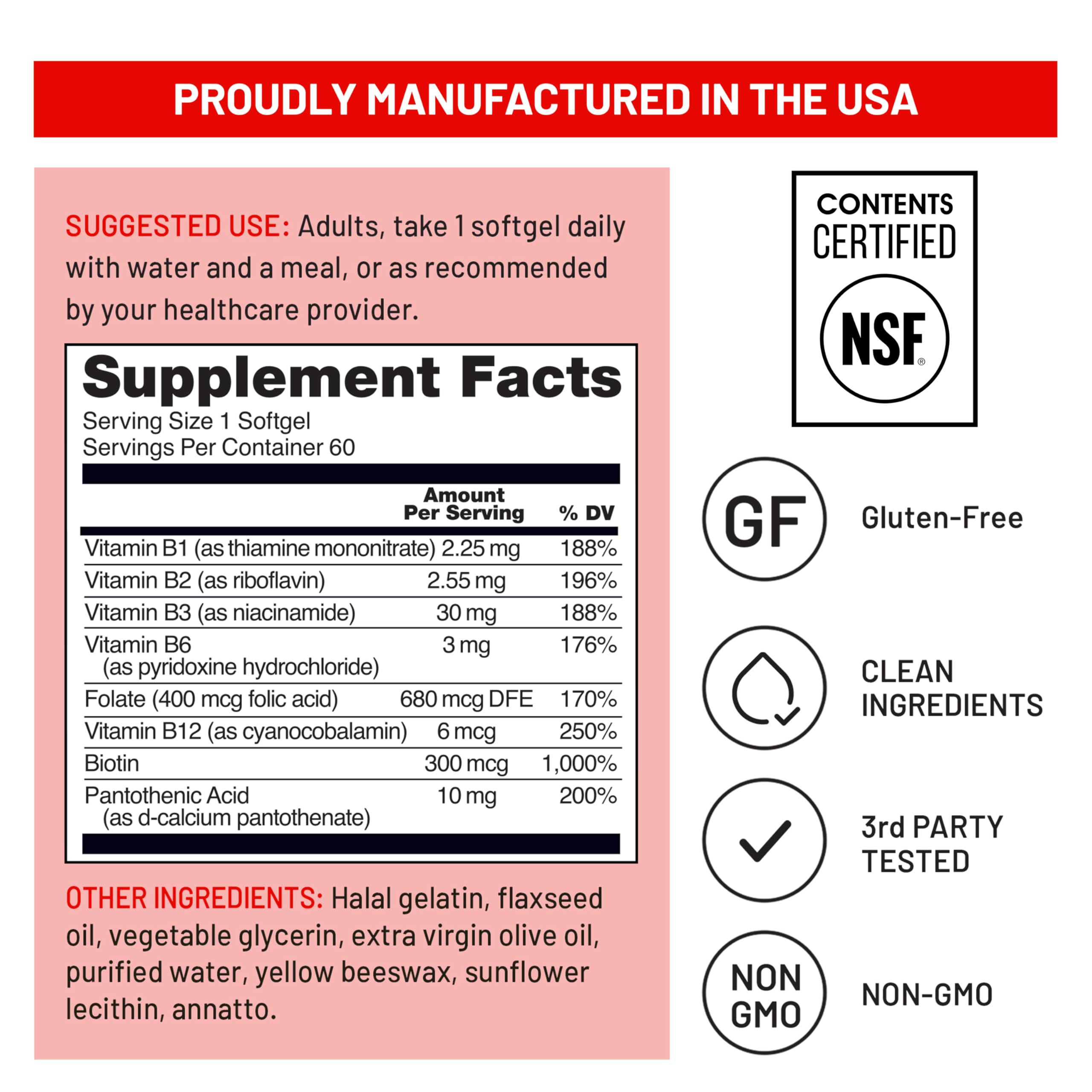 NatureWise Vitamin B Complex for Women and Men - with Folic Acid Biotin B1 B2 B3 B6 B12 - Support Cellular Energy & Mental Clarity - Gluten & Dairy Free - 60 Softgels[2-Month Supply]