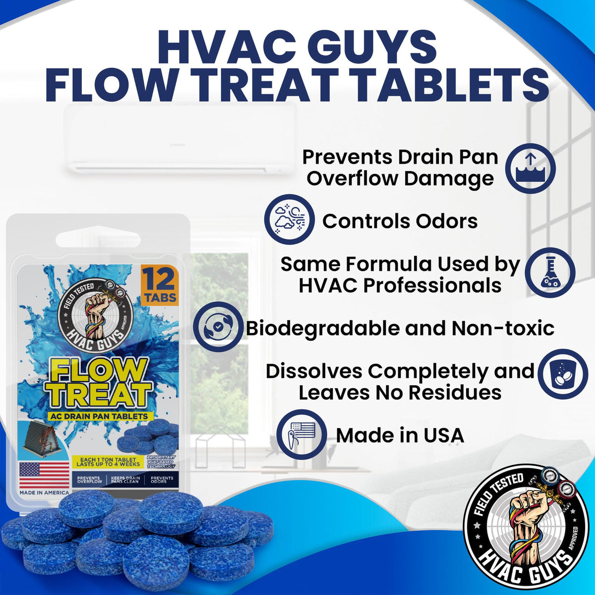 HVAC Guys AC Drain Pan Tablets 12PK | Flow Treat Tablets Prevents Odors, Keeps HVAC Drain Pan Clean, Prevents Overflow | One Tablet Lasts up to 4 Weeks