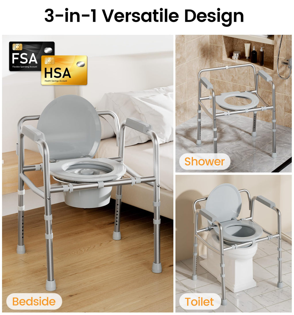 soundfuse 3 in 1 Bedside Commode Toilet for Seniors, Sturdy Dual-Crossbar