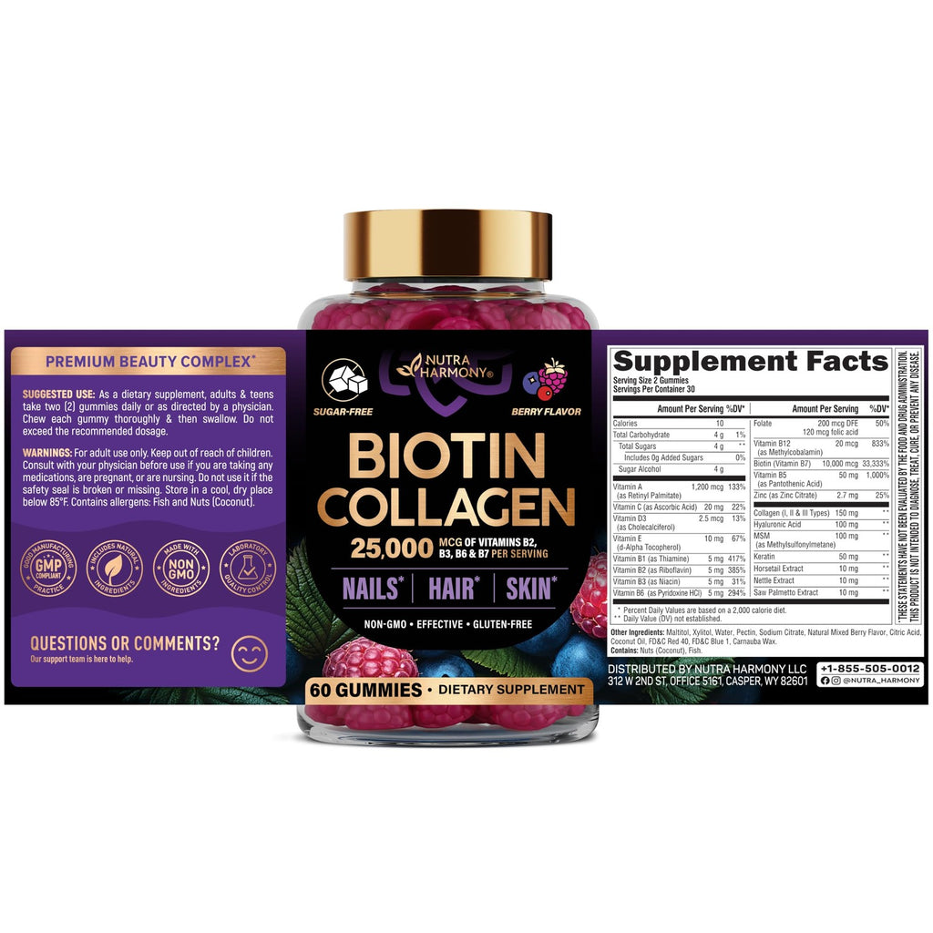 Biotin Gummies for Hair Growth Support - for Women & Men - Berry, Pack of 2 | Biotin 10000mcg, Collagen, Keratin, Hyaluronic Acid, B-Complex, Saw Palmetto - Hair, Skin & Nail Strengt Support - Sugar-Free