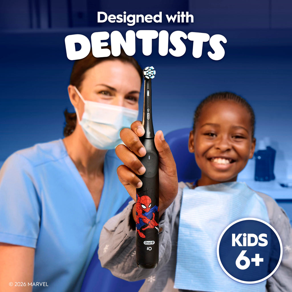 Buy now Oral-B iO Kids Limited Rechargeable Electric Powered Toothbrush, Spiderman with 1 Gentle Care Brush Head - Automatic Pressure Sensor to Protect Gums - 3 Cleaning Settings - 2 Min Music Timer at indiglob india