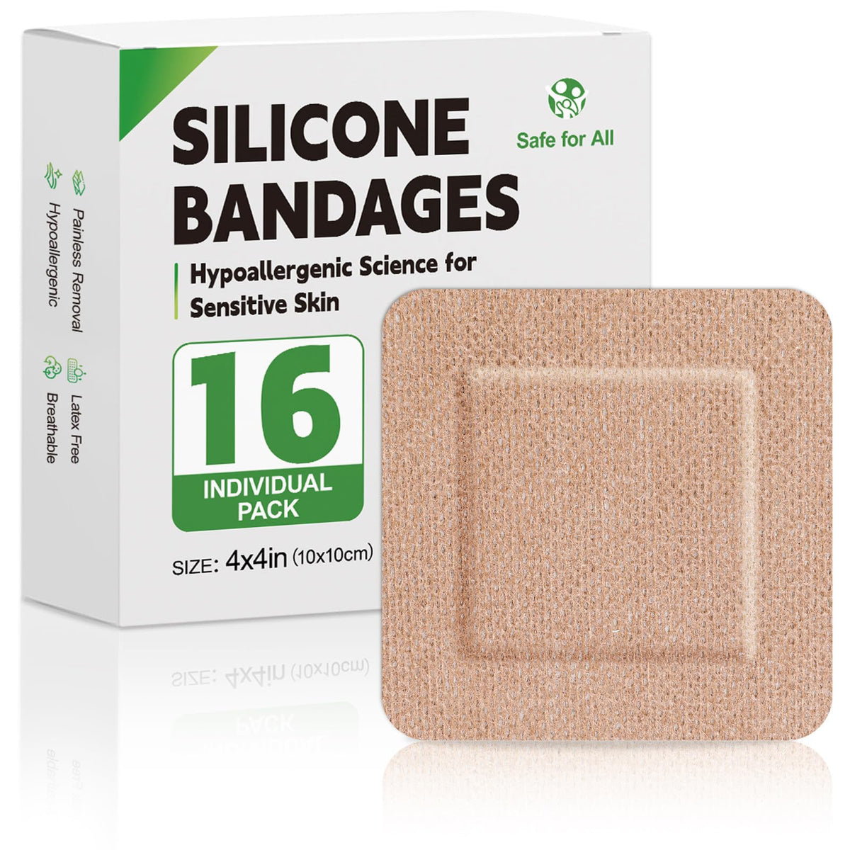16 Pack Silicone Bandages for Sensitive Skin, 4x4 Latex Free Hypoallergenic Breathable Adhesive Bandage with Gentle Border, Large Wound Care Patches with Easy Painless Removal