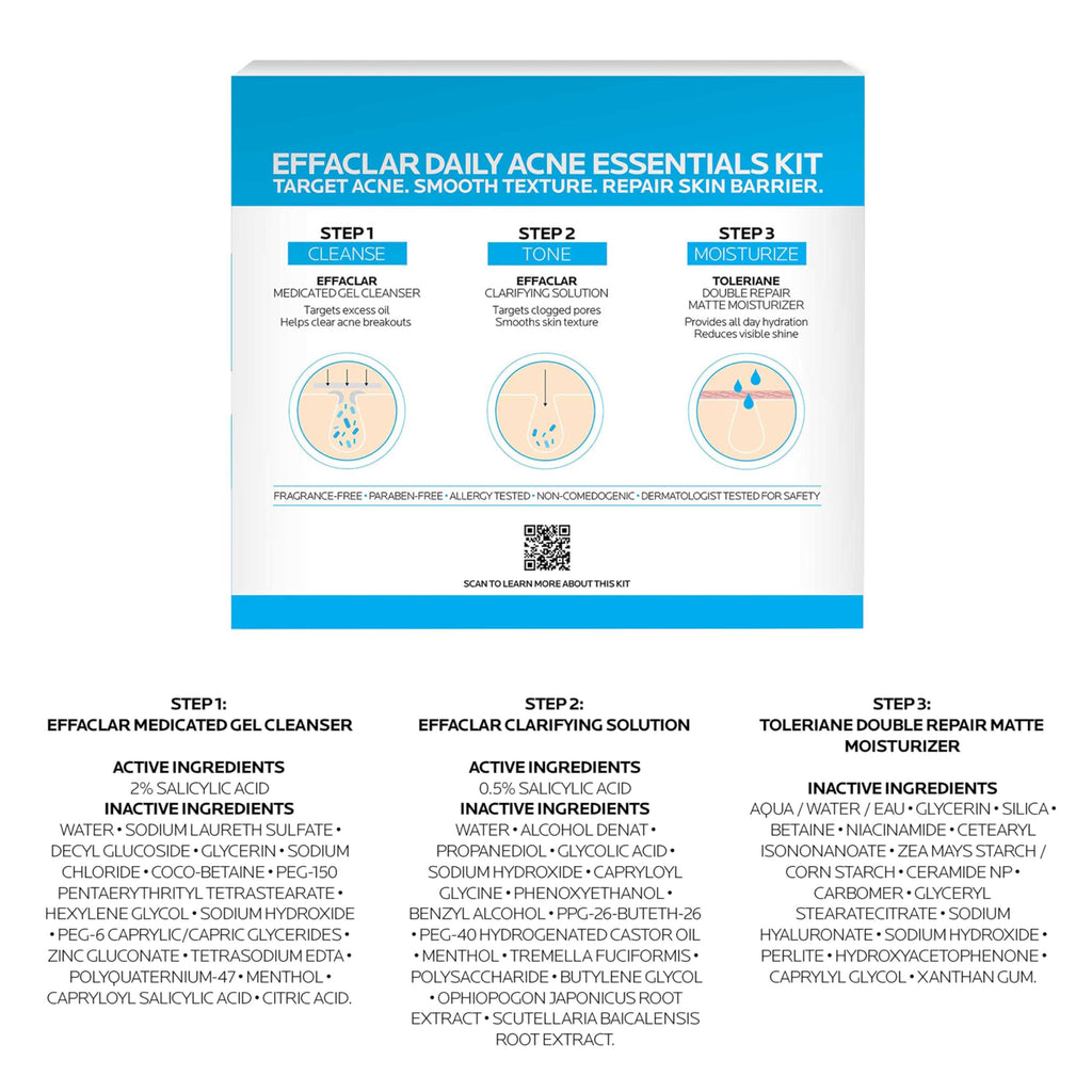 La Roche-Posay Effaclar Daily Acne Kit with Cleanser, Toner & Moisturizer | Salicylic acid acne cleanser, pore refining toner, and matte face moisturizer for oily and combination skin. Oil-free.