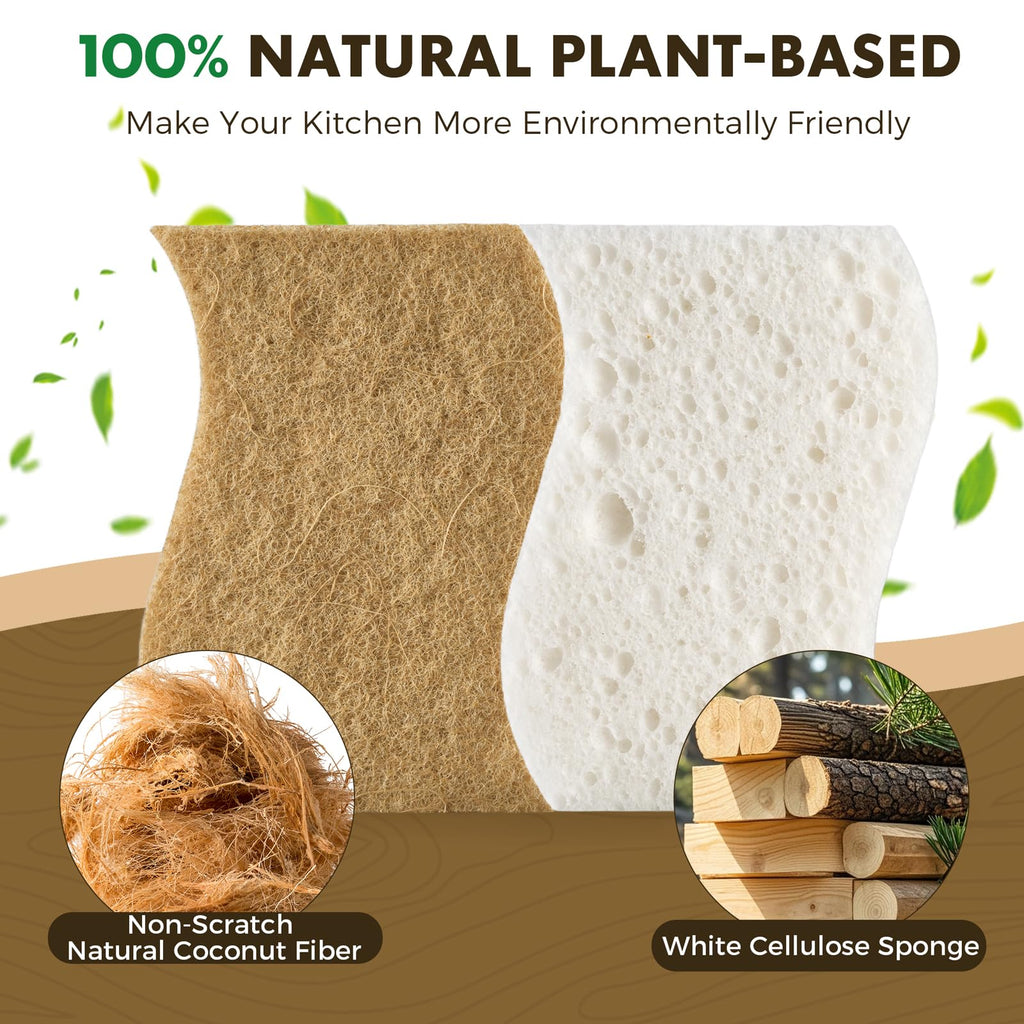 COBETE 12 Pack Natural Biodegradable Kitchen Non Scratch Sponges,Compostable Plant Based Coconut Cellulose Sponge,Eco Friendly Reusable Dish Scrubber Sponge for Pots, Pans & Household Cleaning