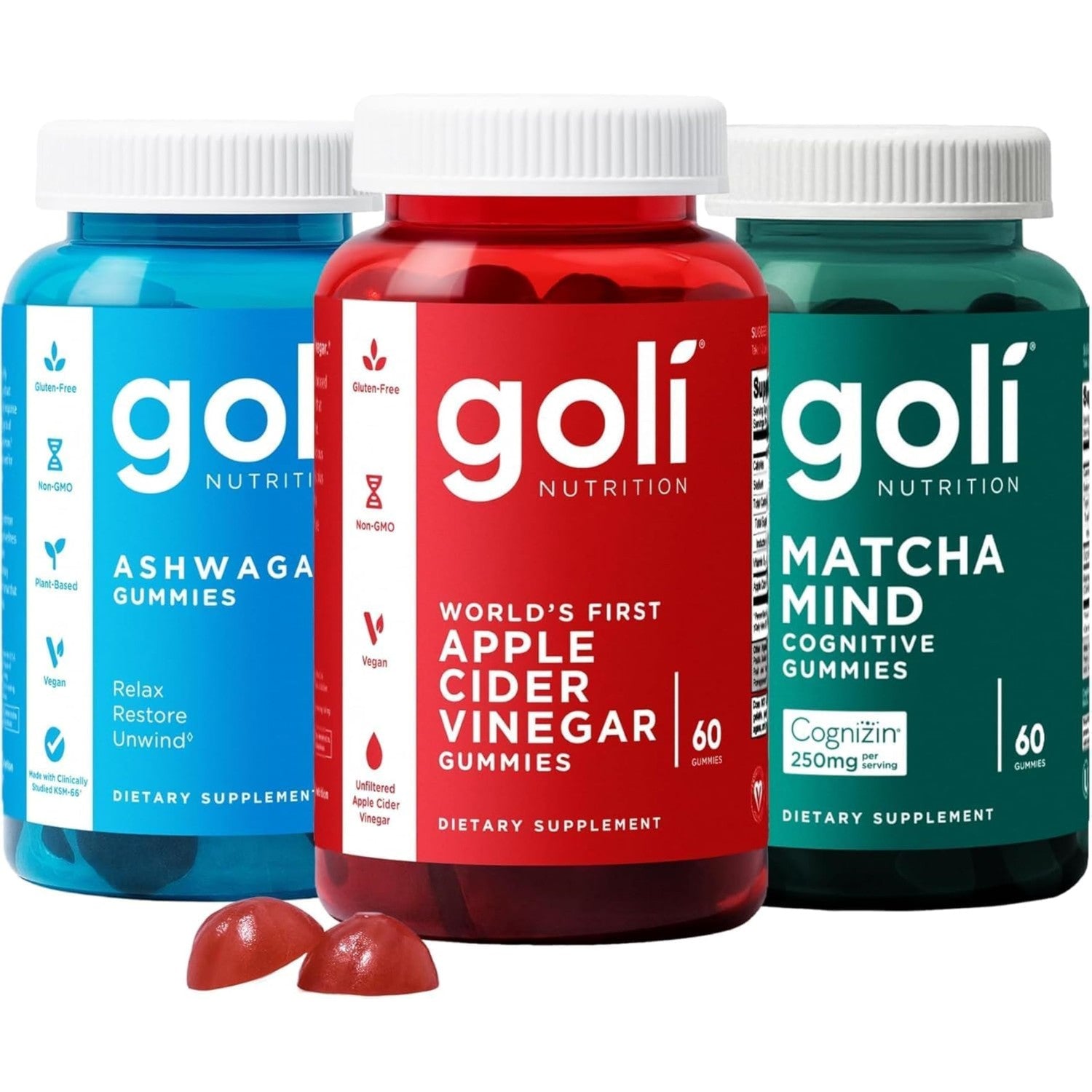 Goli Favorites Trio: Ashwagandha KSM-66, Apple Cider Vinegar, Matcha Mind Supplements with Cognizin, Vitamins D2 and B12