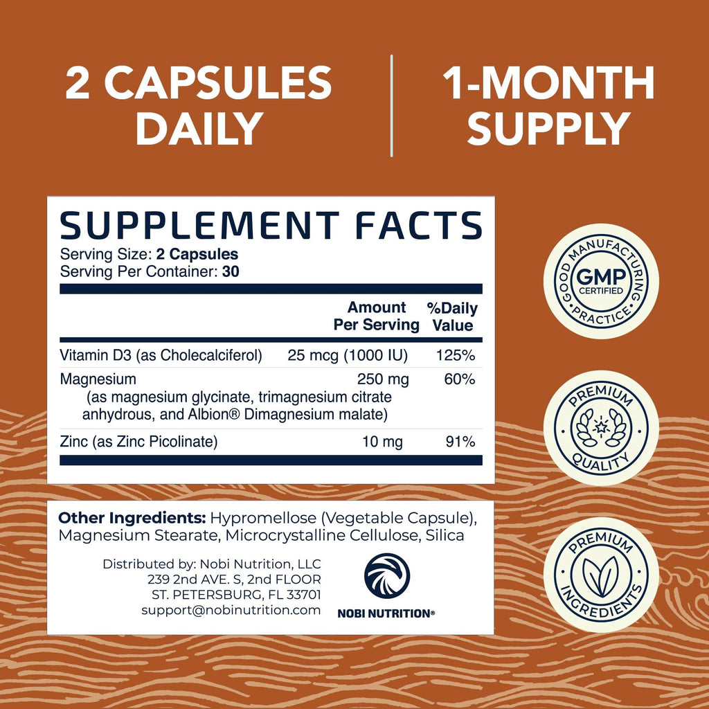 Magnesium Zinc & Vitamin D3, 260mg Complex, High Absorption, 60 Capsules
