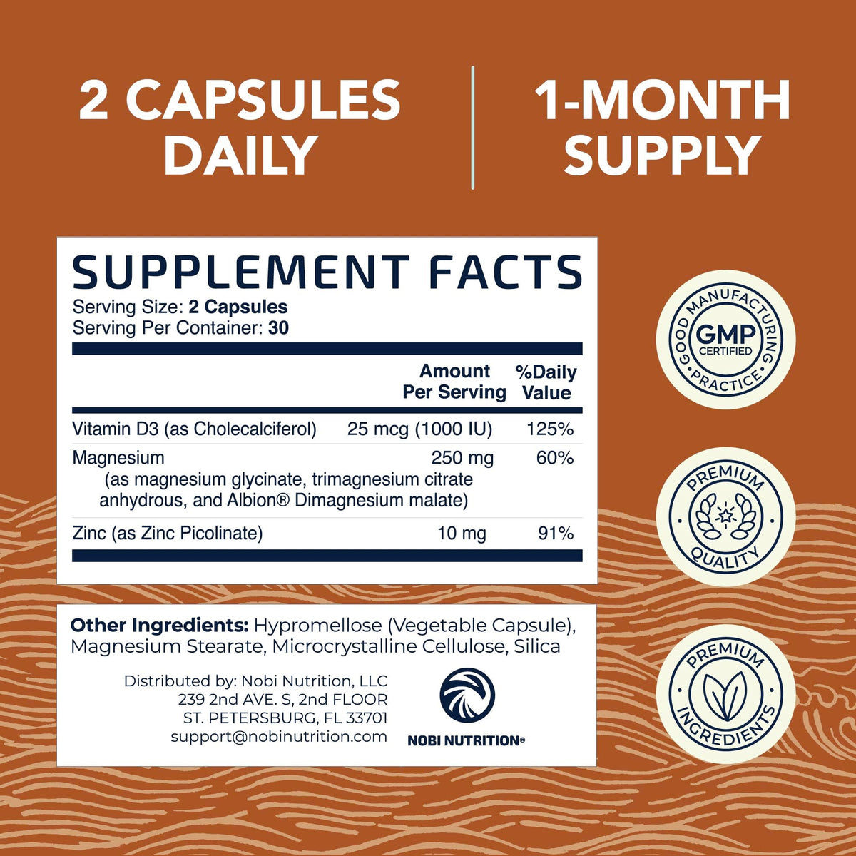 Magnesium Zinc & Vitamin D3, 260mg Complex, High Absorption, 60 Capsules