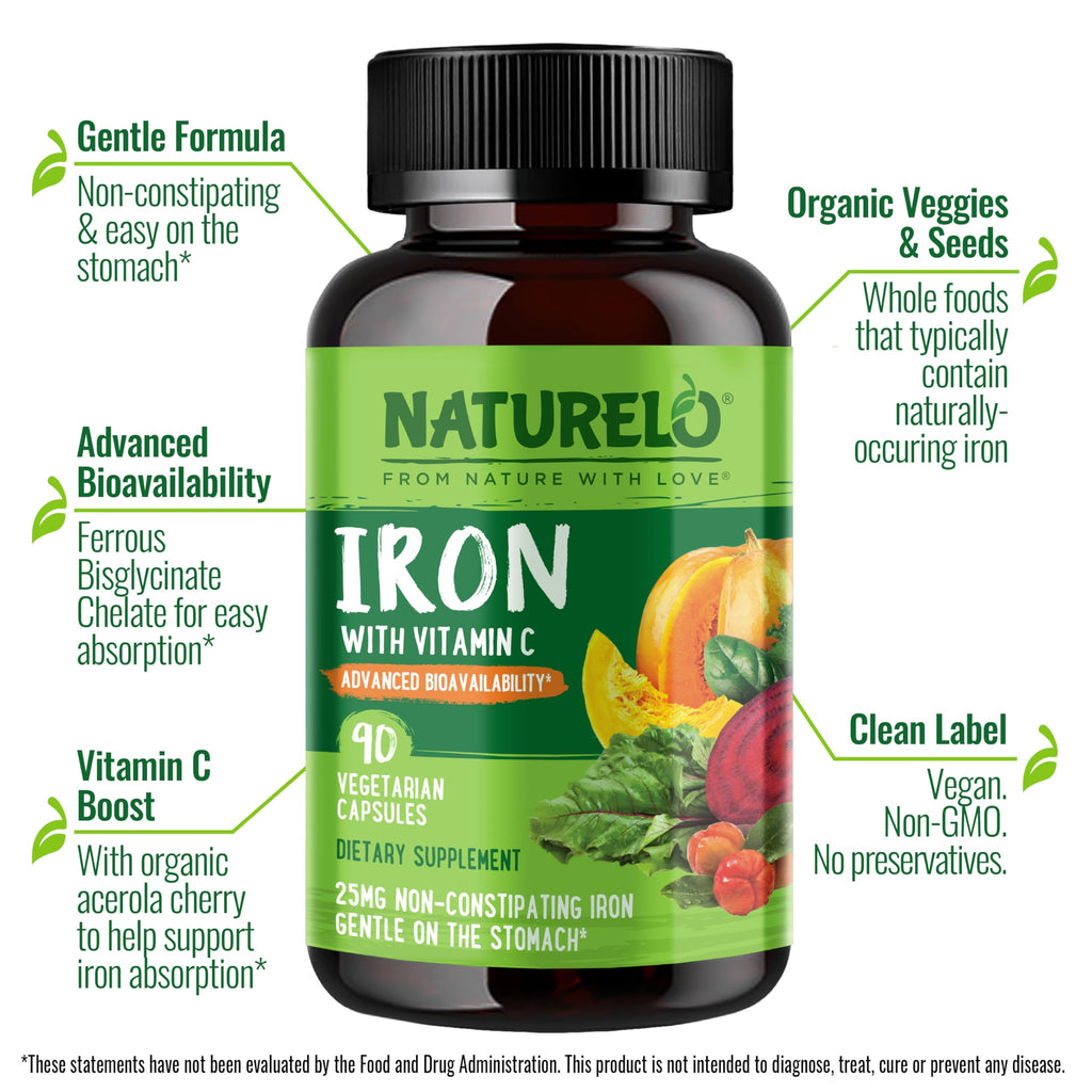 NATURELO Vegan Iron Supplement with Vitamin C & Organic Whole Foods, 90 Ct | Gentle Iron Capsules for Women & Men with this Mineral Deficiency - Including Pregnancy, Anemia and Vegan Diets