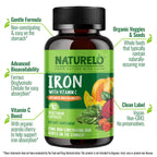 NATURELO Vegan Iron Supplement with Vitamin C & Organic Whole Foods, 90 Ct | Gentle Iron Capsules for Women & Men with this Mineral Deficiency - Including Pregnancy, Anemia and Vegan Diets