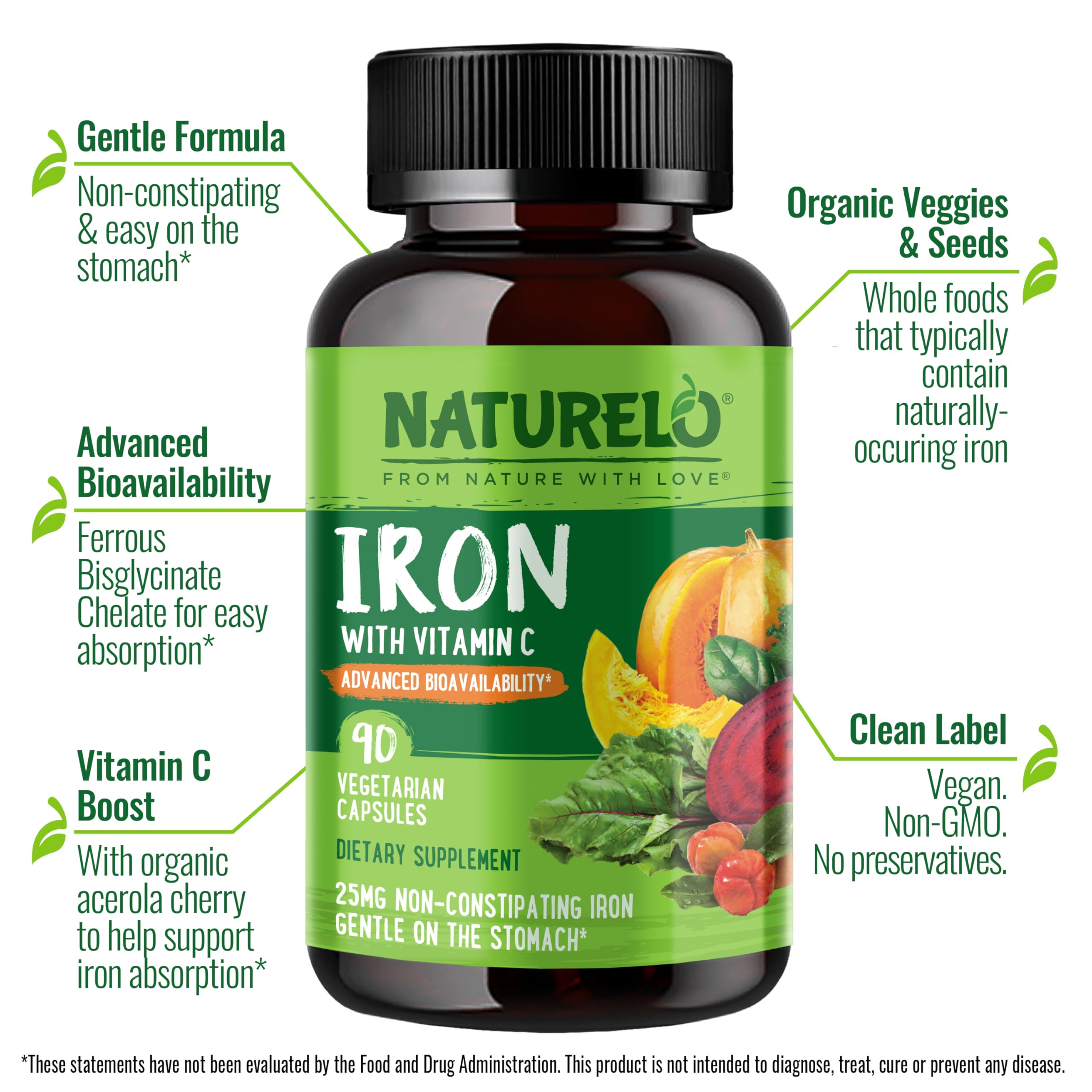 NATURELO Vegan Iron Supplement with Vitamin C & Organic Whole Foods, 90 Ct | Gentle Iron Capsules for Women & Men with this Mineral Deficiency - Including Pregnancy, Anemia and Vegan Diets