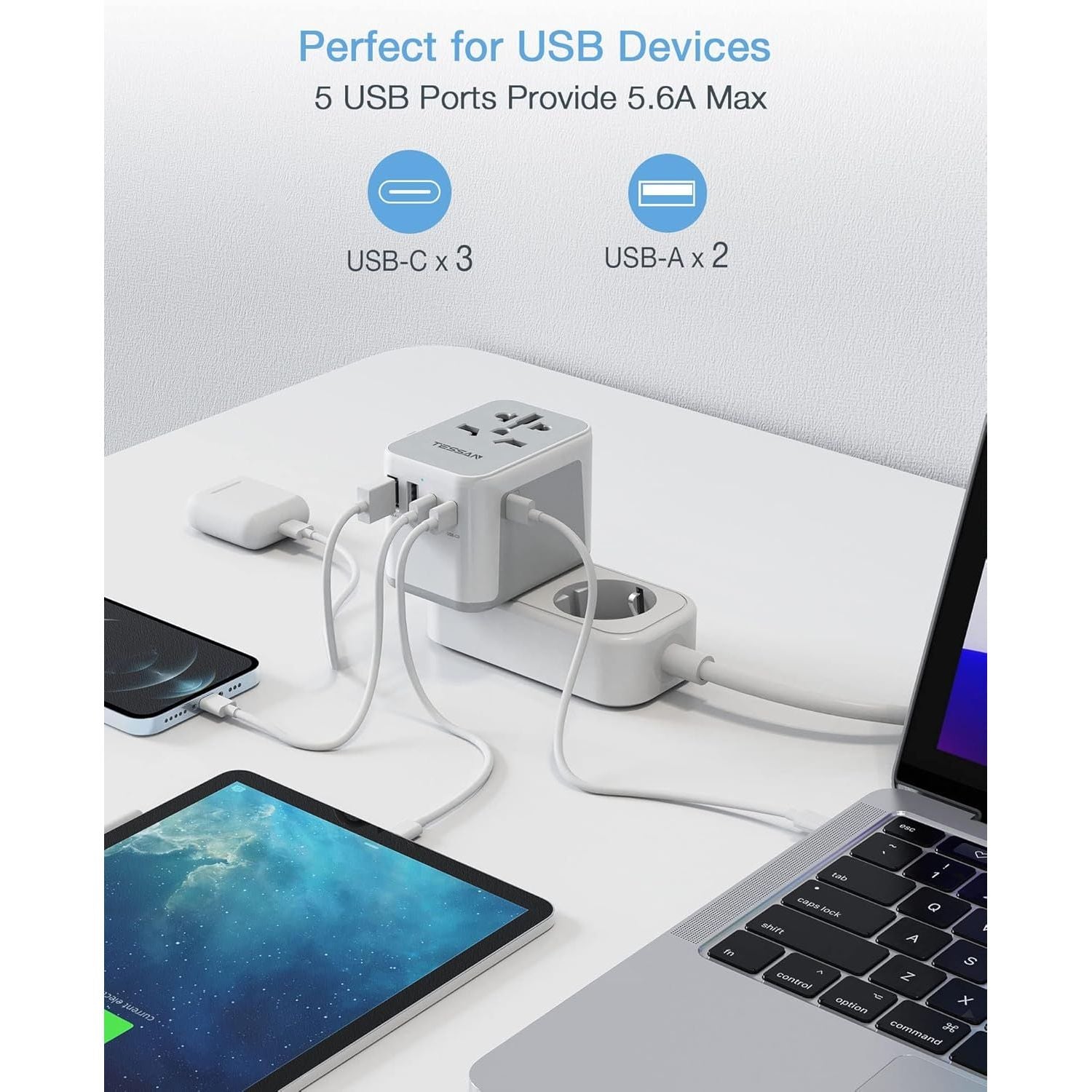 Buy now TESSAN Universal Travel Adapter, International Power Adapter 5.6A 28W 3 USB C 2 USB A Ports, Travel Worldwide Plug Adaptor, Outlet Wall Charger for Europe UK EU AUS (Type C/G/A/I) at indiglob india