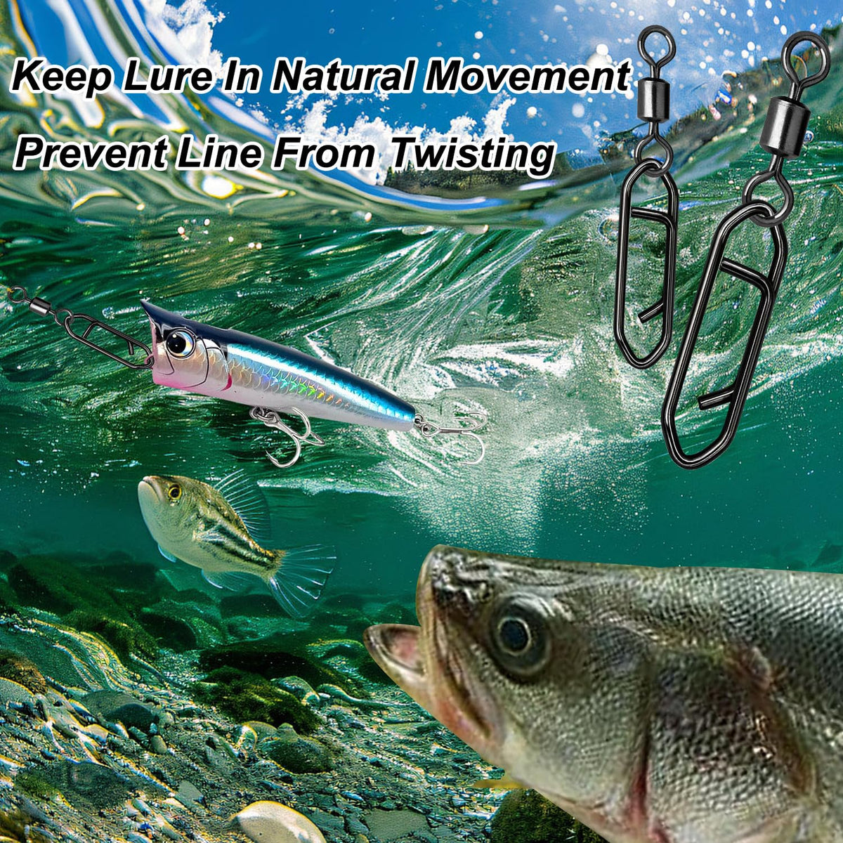 Snap Swivels Fishing Speed Clips for Quick Change, 70pcs Fishing Power Clips Barrel Swivels High Strength Clips Snap Freshwater Saltwater Popper Crankbait Lures Quick Snaps Connectors 6 Sizes
