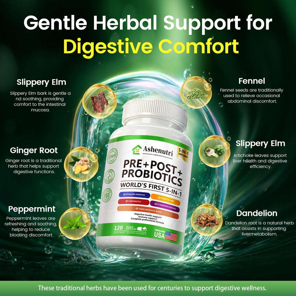 Ashenutri Probiotic Prebiotic Postbiotic for Women & Men, 30 Billion CFU 24 Strains w/Digestive Enzymes, Prebiotic Fiber & Slippery Elm – Complete Daily Immune & Gut Support, 120-Day Supply