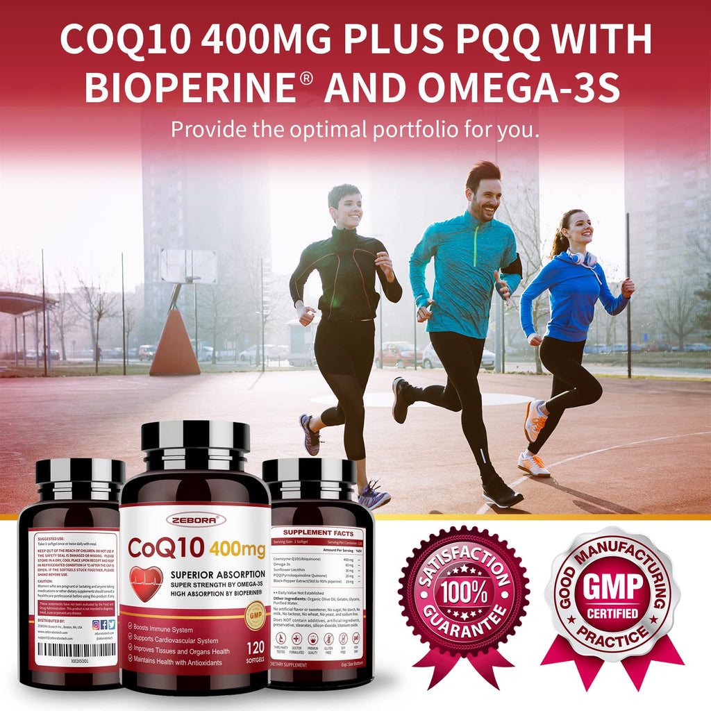 ZEBORA CoQ10 400mg Softgels, 120 Servings | with PQQ, BioPerine & Omega-3, Ubiquinone, High-Absorption, Powerful-Antioxidant, Support Heart & Energy-Production
