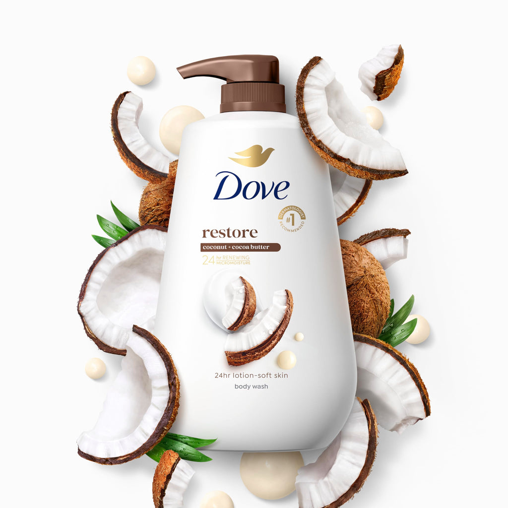 Dove Body Wash Restore Coconut & Cocoa Butter 30.6 oz Pump, Sulfate Free | Dove Coconut & Cocoa Butter Body Wash nourishes dry skin with creamy coconut scent and MicroMoisture technology.