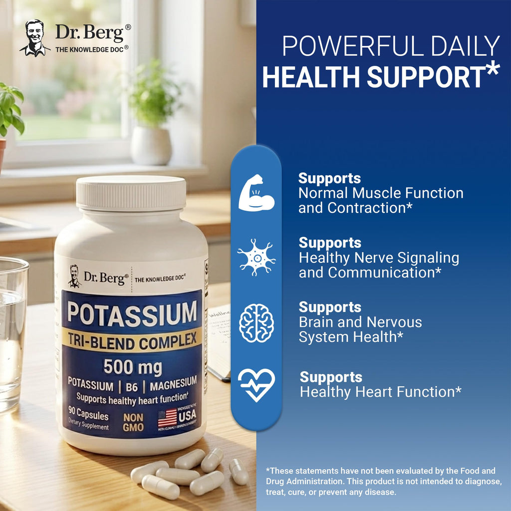 Dr. Berg Potassium Tri-Blend Complex – 500 mg Potassium Supplement for Muscle & Nerve Support* – Maximum Strength Potassium Formula w/Magnesium, B6 & Taurine – 90 Capsules