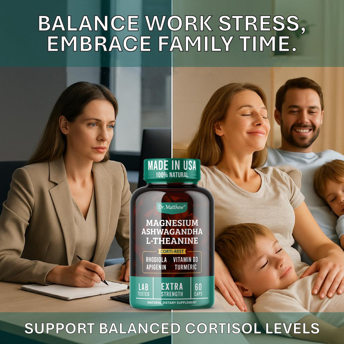 Cortisol Reducer & Adrenal Support Supplement–Natural Stress Relief with Ashwagandha KSM-66, Magnesium Glycinate & Citrate, L-Theanine, Rhodiola, Apigenin, Turmeric & Vitamin D3–Calm Mood & Relaxation