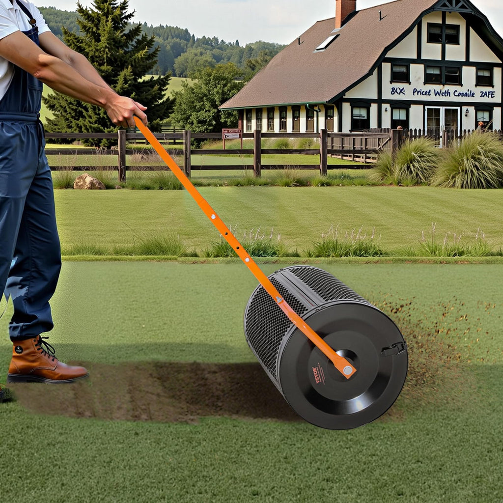 VEVOR Compost Spreader, 24 in Wide Peat Moss Spreader with T Shaped Handle, 3 Heights Adjustable, Powder-Coated Steel Garden Peat Moss Roller, Heavy Duty Grass Seed Spreaders for Planting Seeding