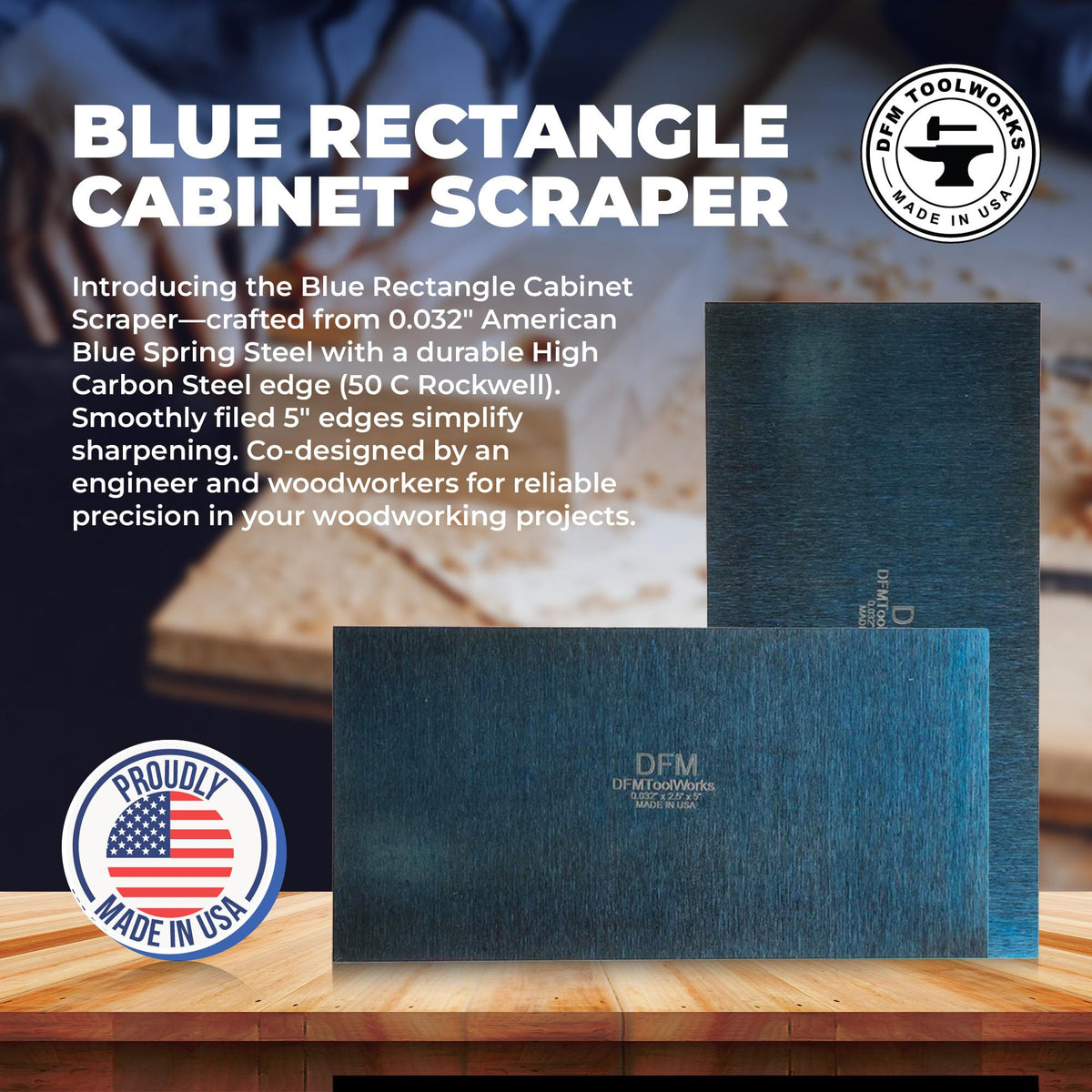 DFM Tool Works Rectangle Card Scraper - Precision Cabinet Multi-use Scraper for Woodworking, Wood Fine Finishers, Glue Scraper, Quality Handcrafted Card Shaping Tool - Made in USA, 2 Quantity - Blue