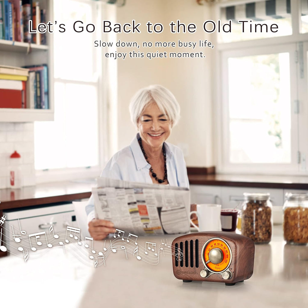 Buy now Vintage Greadio Walnut Wood Bluetooth Speaker Radio - Retro Style, Bass Enhancement, Loud Volume, Bluetooth 5.0, MP3 & FM Radio at indiglob india