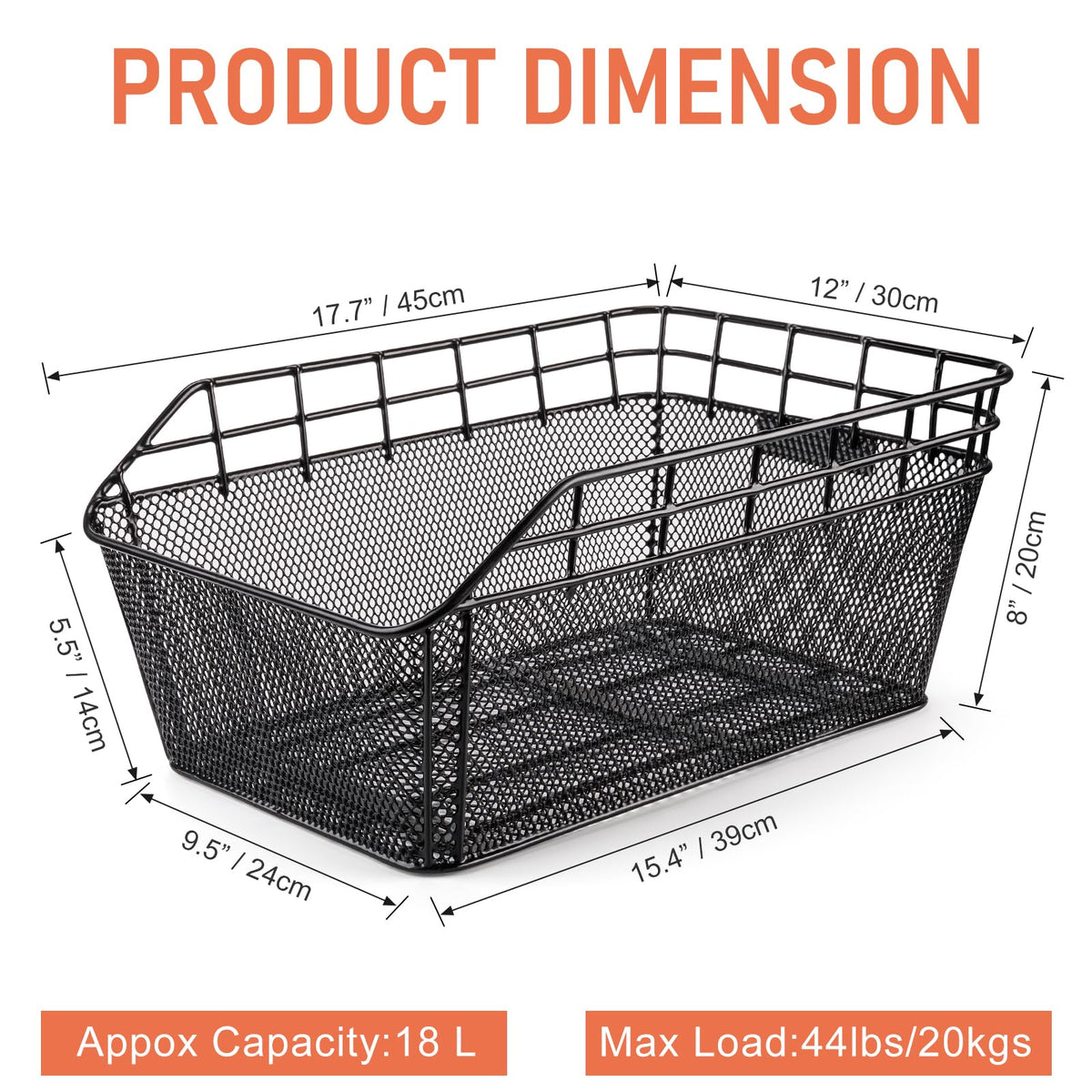 Rear Bike Basket - Bicycle Rear Basket with Cargo Net and Waterproof Cover