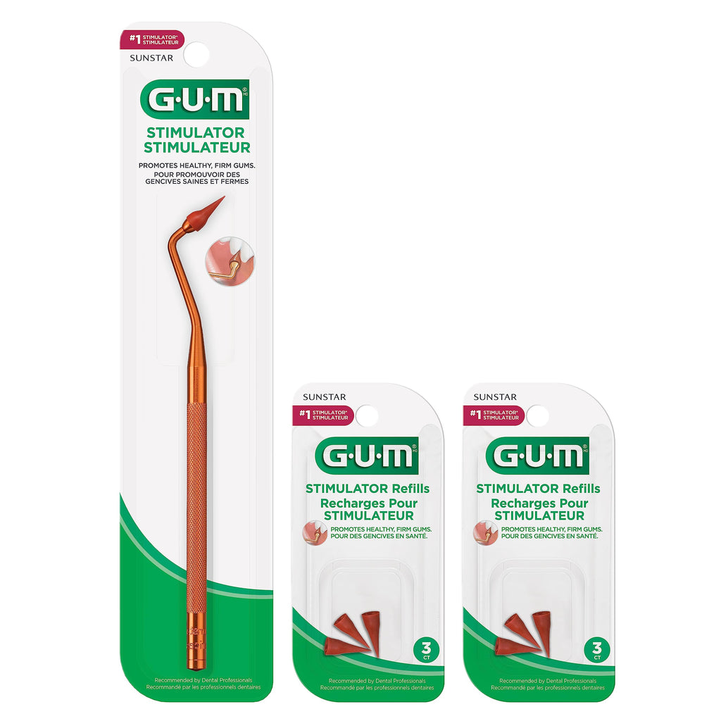 GUM Stimulator Permanent Handle with Rubber Tip, 1 Handle + 2 Refill Packs