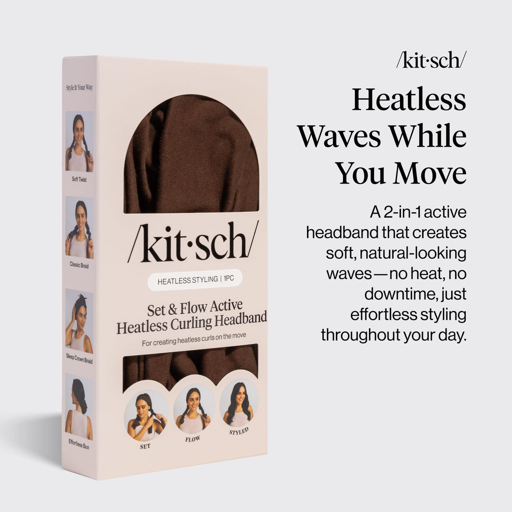 Kitsch Set & Flow Active Heatless Curling Headband For Women - Brown, 1pc | Soft, Breathable Cotton Head Bands For Women's Hair – Stretchy Fit, Achieves Curls Overnight – Gym-To-Glam In Minutes