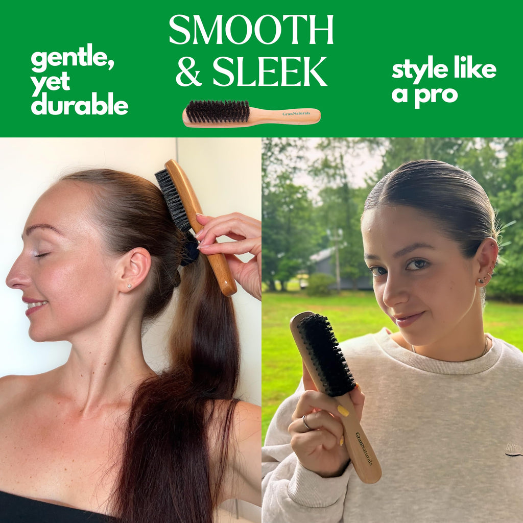 GranNaturals Boar Bristle Slick Back Hair Brush - Large Soft/Medium Smoothing Hairbrush to Style, Polish, & Lay Hair Down Flat to Create a Sleek Frizz Free Hairstyle for Women and Men