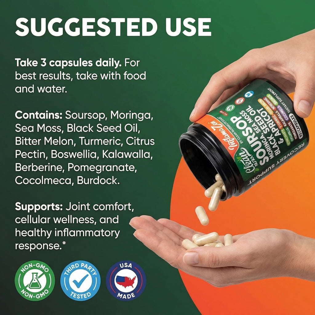 Clean Nutra Soursop Supplement Moringa Sea Moss Black Seed Oil Berberine Turmeric Resveratrol Quercetin Greens Bitters Boswellia Bitter Melon Burdock Root Antioxidant Support 90 Capsules