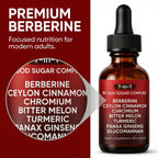 7-in-1 Complex Liquid Drops - Berberine with Ceylon Cinnamon, Chromium, Bitter Melon, Turmeric, Panax Ginseng & Glucomannan, Herbal Metabolic Support Supplement - 2fl oz