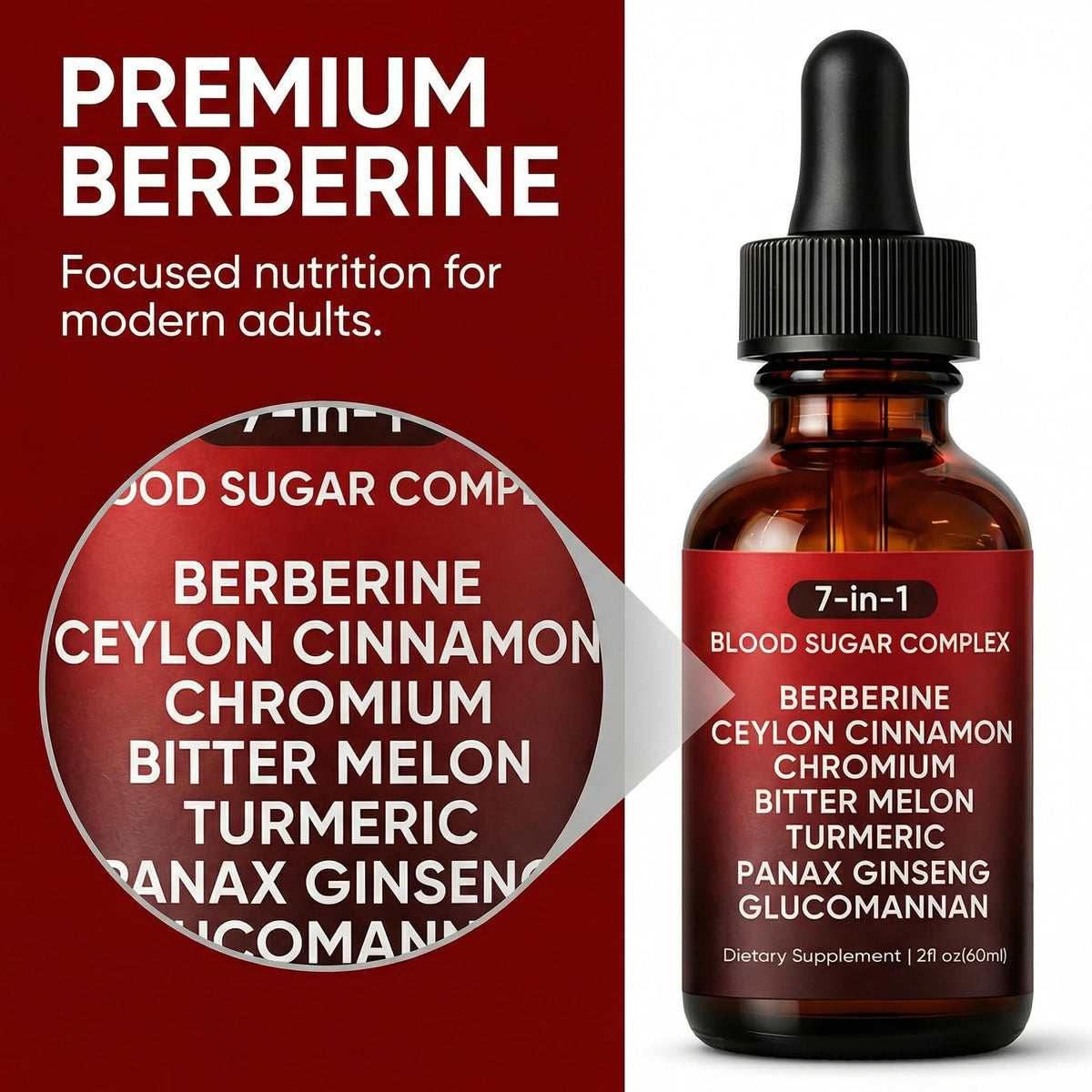 7-in-1 Complex Liquid Drops - Berberine with Ceylon Cinnamon, Chromium, Bitter Melon, Turmeric, Panax Ginseng & Glucomannan, Herbal Metabolic Support Supplement - 2fl oz