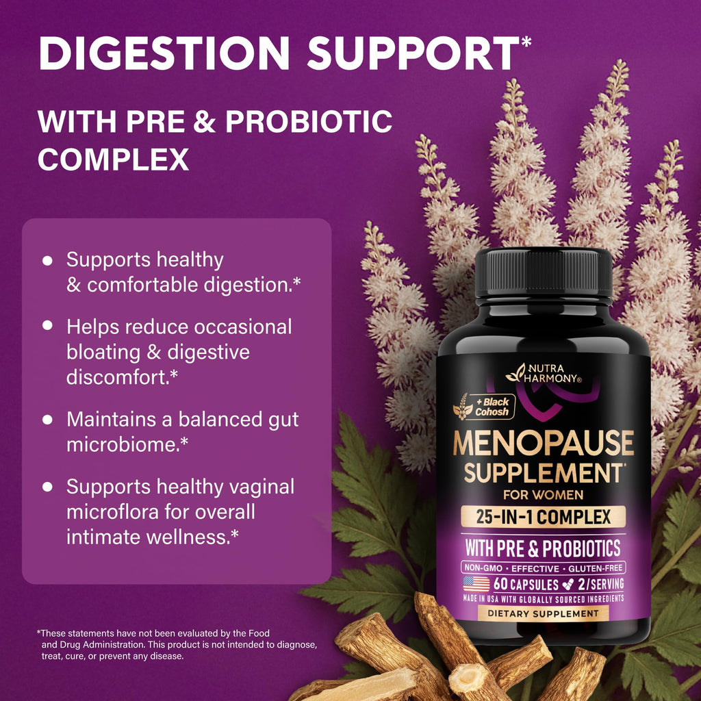 Menopause Supplements for Women - Black Cohosh, Pre & Probiotics - 60 Caps | Sweats & Hot Flashes Relief - Digestion, Sleep & Mood Support - 25in1 Complex - Dong Quai, Red Clover & Vitamins - Lab Tested