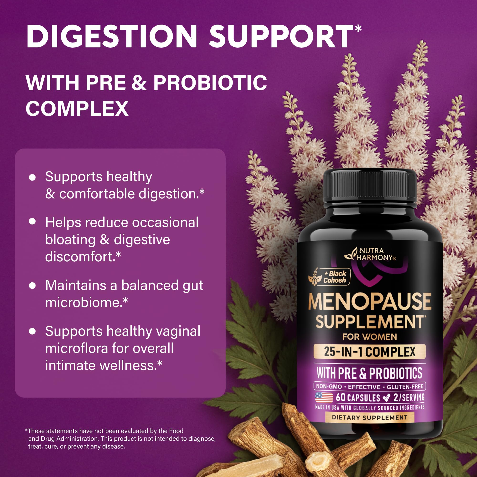Menopause Supplements for Women - Black Cohosh, Pre & Probiotics - 60 Caps | Sweats & Hot Flashes Relief - Digestion, Sleep & Mood Support - 25in1 Complex - Dong Quai, Red Clover & Vitamins - Lab Tested