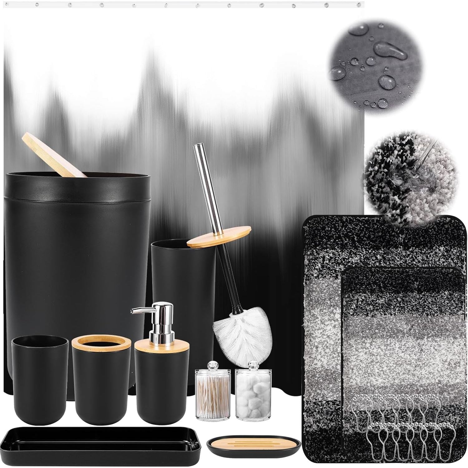 Buy now iMucci 9Pcs Black Bathroom Accessories Set with Trash Can Bathroom Set Black Bathroom Accessories Bathroom Decor Bath Set+Shower Curtain+Bath Rug Black at indiglob india