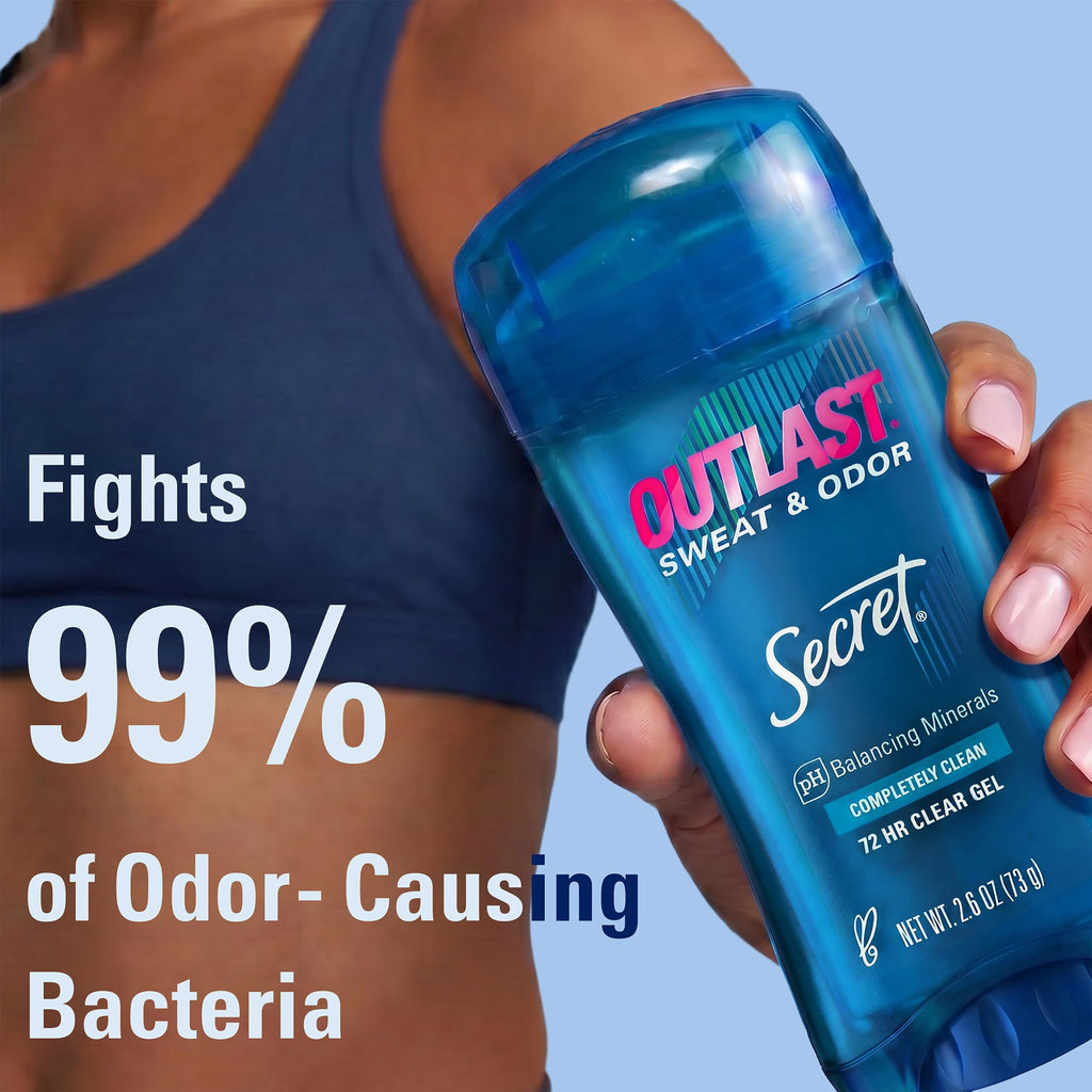 Secret Outlast Antiperspirant Deodorant for Women, 72hr Sweat & Odor Protection, PH Balancing Minerals, Pro-Hyaluronic Acid, Clear Gel, Completely Clean Scent, 2.6 oz (Pack of 2)