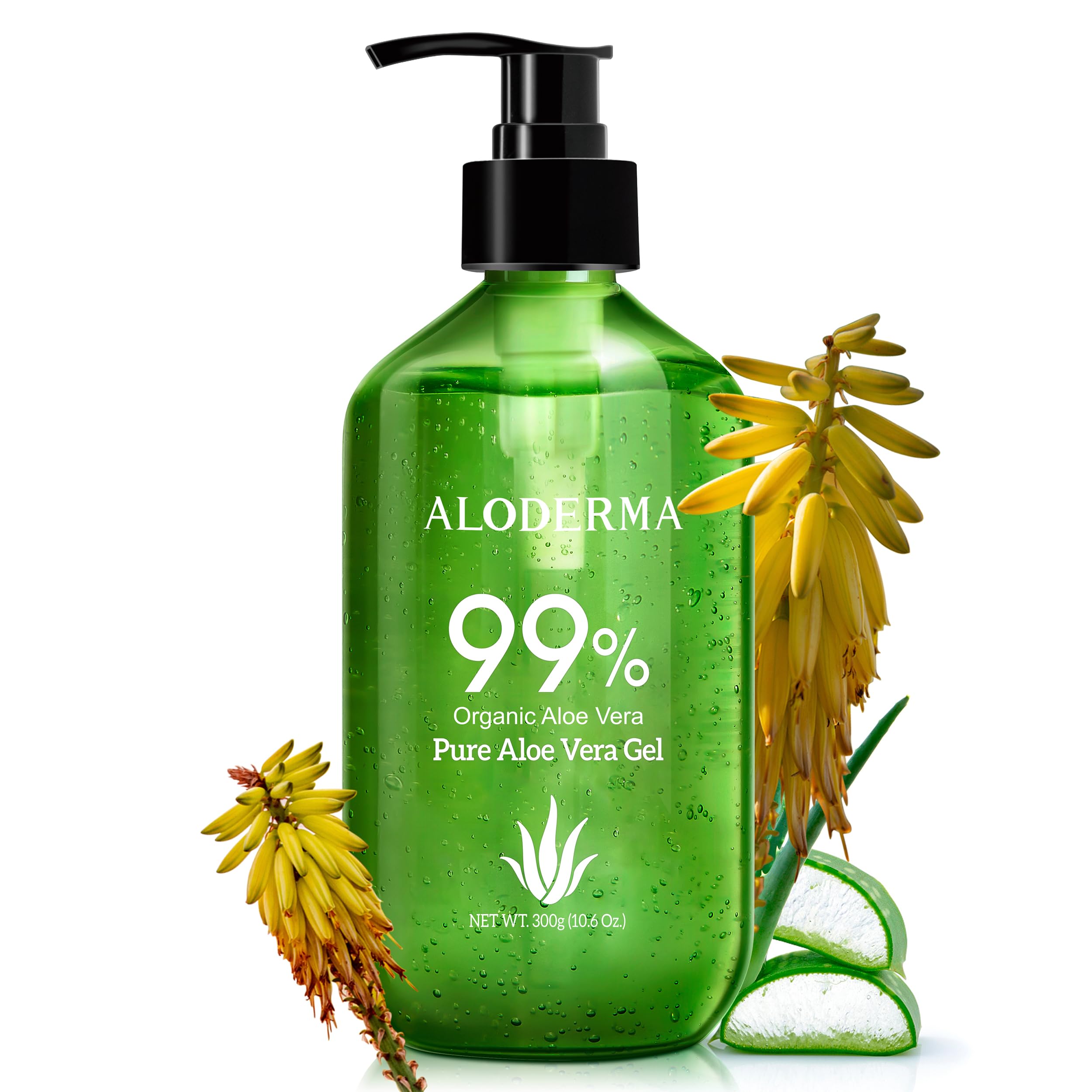 Aloderma Aloe Vera Gel Made within 12 Hours of Harvest with 99% Pure Organic Aloe Vera - Pump Bottle - Ideal for Face and Body, Soothing & Hydrating Sunburn Relief, Great for Scalp & Hair - 10.6oz