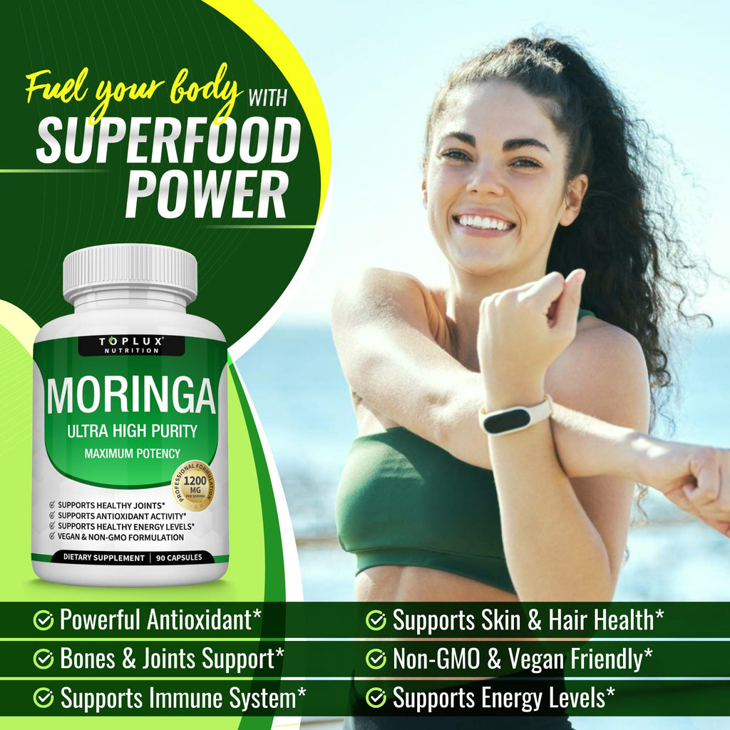 Toplux Moringa Capsules 1200mg – Pure Moringa Powder High Potency Leaf Extract Green Superfood Rich in Antioxidant, for Energy & Immune Support, Vegan Non-GMO 90 Capsules