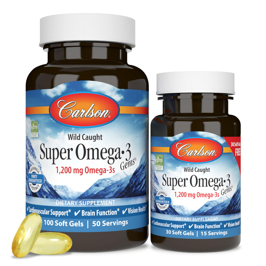Carlson Super Omega-3 Gems, 1200 mg, Omega-3s, 100 + 30 Softgels | with EPA and DHA; Wild Caught Norwegian Fish Oil Supplement; Sustainably Sourced Fish Oil Capsules; Omega 3 Supplements
