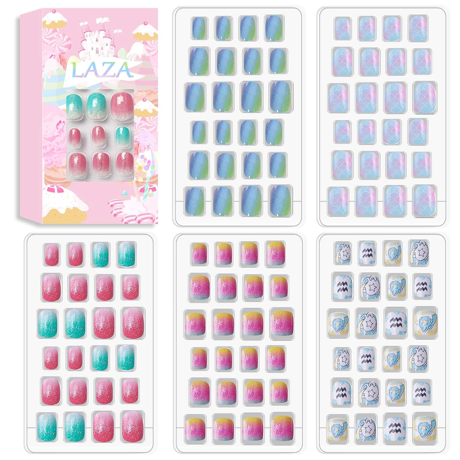 Buy now Laza 120pcs Children Nails Press On Pre-glue Full Cover Nail Tips Kit Glitter Gradient Color Rainbow Short Artificial False Nail Kits Lovely Christmas Gift for Children Kids Girls - Silver Pearl Little Mermaid at indiglob india