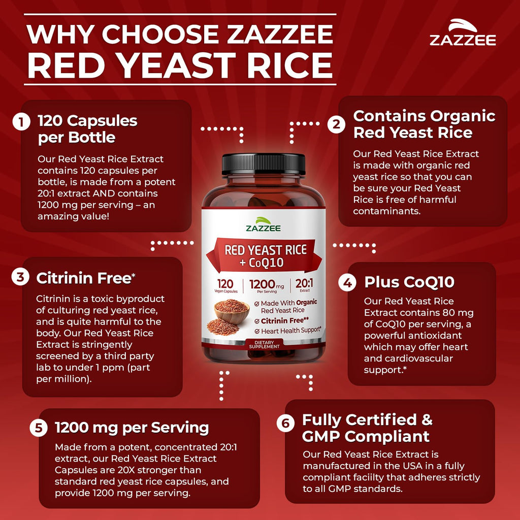 Zazzee Organic Red Yeast Rice 20:1 Extract with 80 mg CoQ10, Citrinin-Free