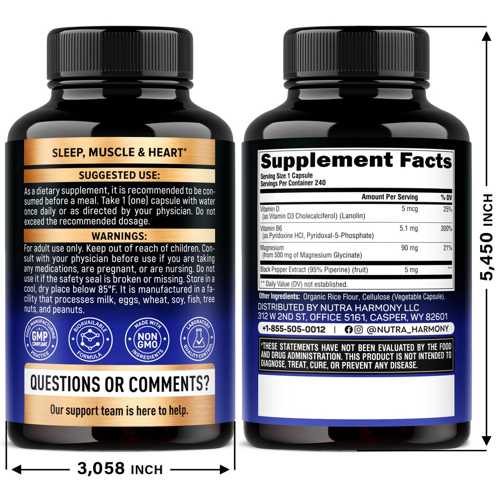 Magnesium Glycinate 500mg - VIT. B6 & D3 - Sleep, Muscle & Heart - 240 Caps | Magnesium Bisglycinate - Chelated High Absorption with Black Pepper - Magnesium for Women & Men - Lab Tested & Non-GMO