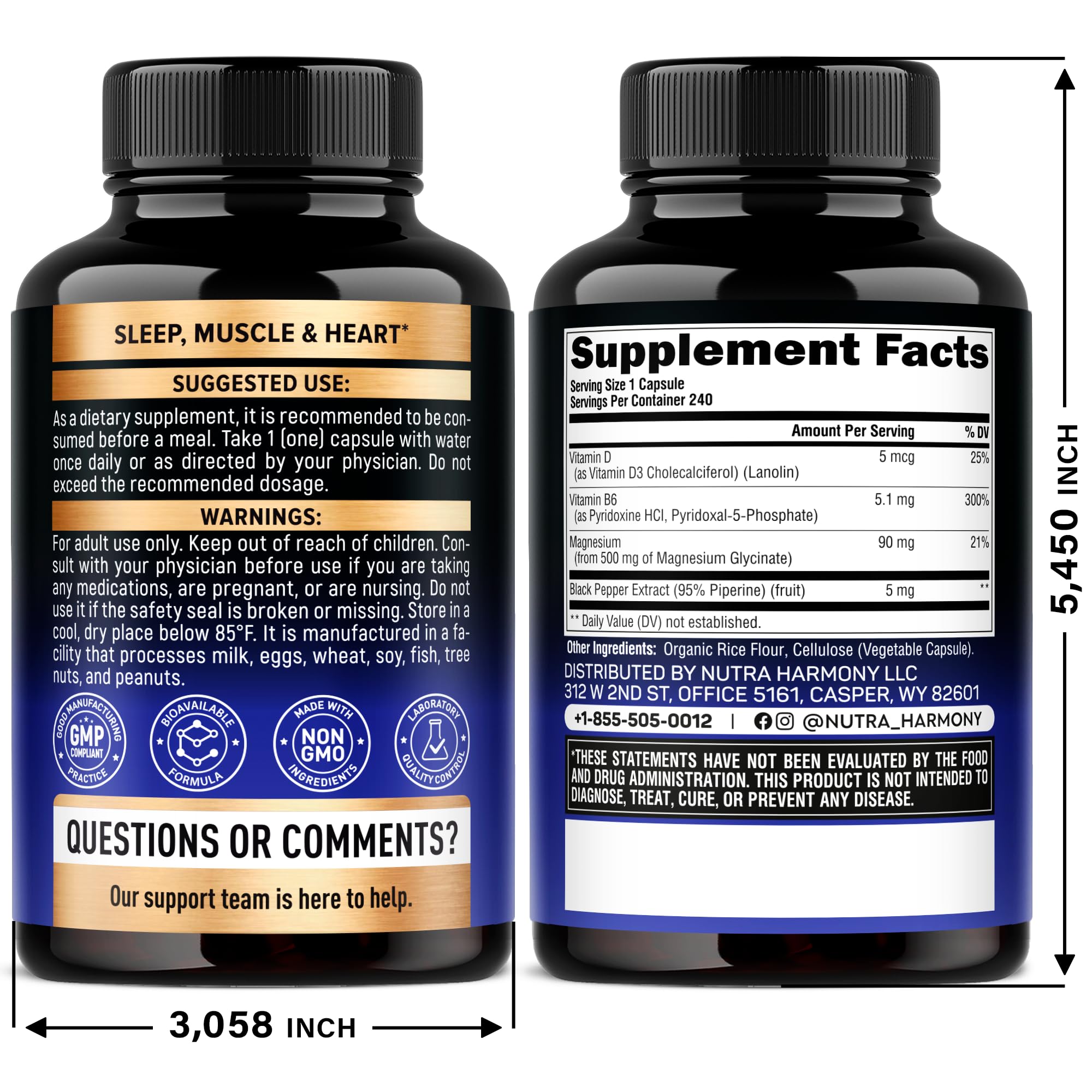 Magnesium Glycinate 500mg - VIT. B6 & D3 - Sleep, Muscle & Heart - 240 Caps | Magnesium Bisglycinate - Chelated High Absorption with Black Pepper - Magnesium for Women & Men - Lab Tested & Non-GMO