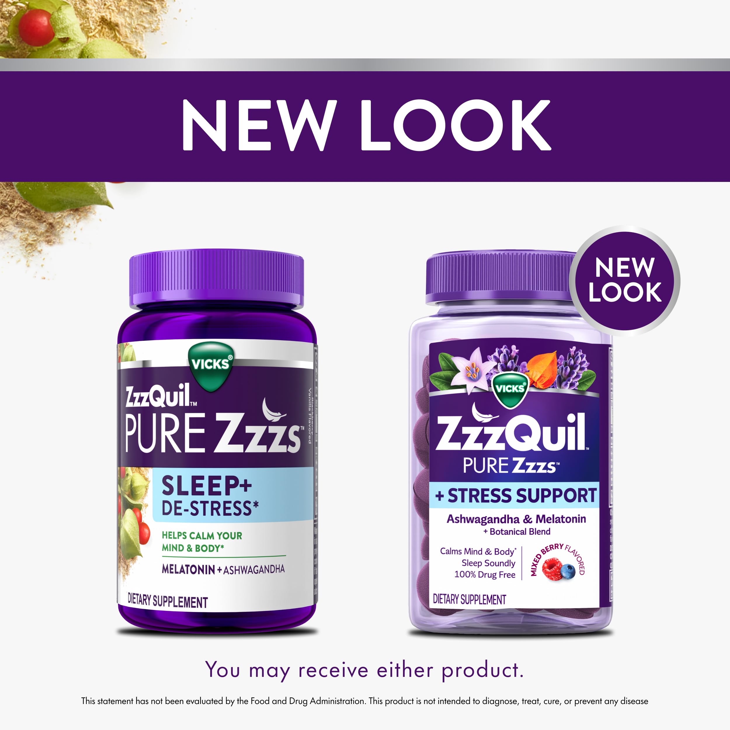 ZzzQuil PURE Zzzs De-Stress 2mg Melatonin Gummies, , Sleep Aids for Adults, Ashwagandha for Stress Support, 60 Gummies
