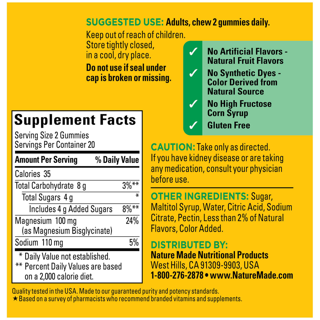 Nature Made High Absorption Magnesium Glycinate Gummies, 40 Count | Magnesium Supplement 100 mg per Serving for Muscle, Nerve, Bone and Heart Support, Magnesium Gummies, 20 Day Supply