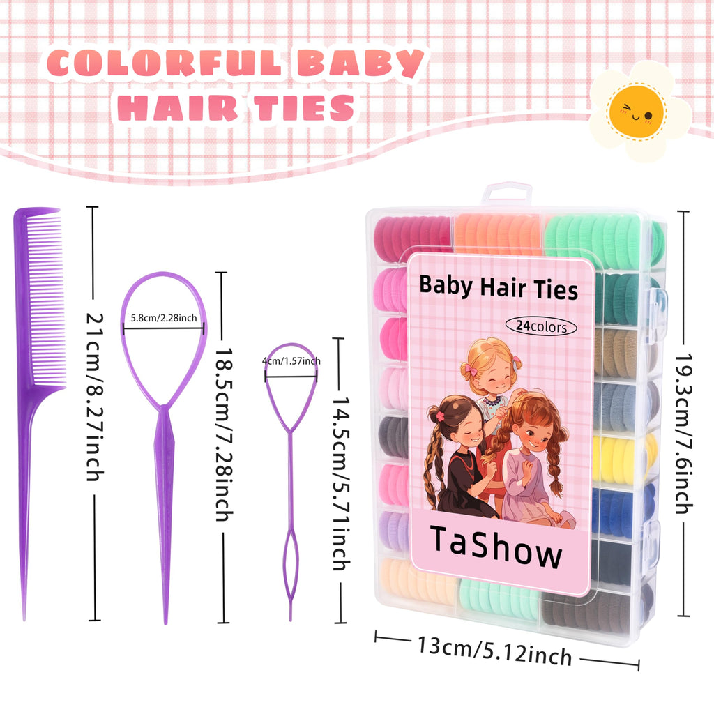 360 Pcs Baby Hair Ties, 24 Colors Cotton Toddler Hair Ties with Organizer Box, 1 Inch Seamless Baby Hair Bands for Toddler Girls, Soft Elastic Ponytail Holders with 5 Hair Loop Styling Tools