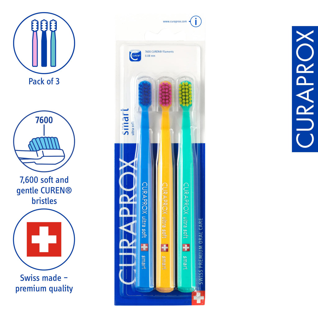Curaprox CS Smart Toothbrush, Mixed Colors, 3-Pack, Swiss Made