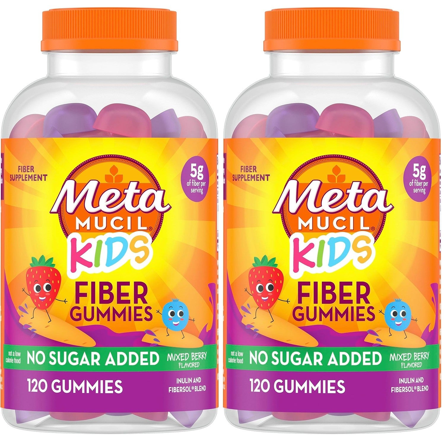 Metamucil Kids Fiber Gummies, No Sugar Added, 5g Prebiotic Plant-Based Fiber Supplement Blend, Mixed Berry Flavored, 120ct Gummies