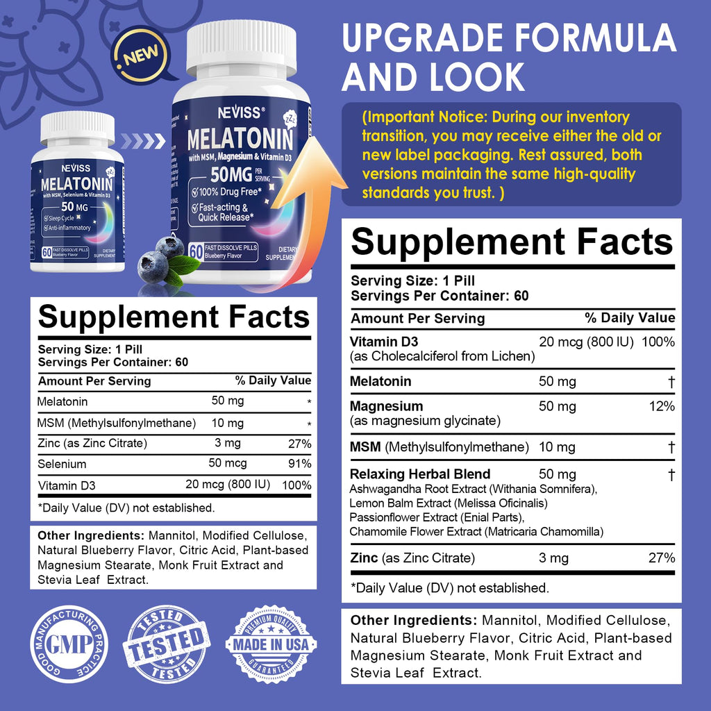 NEVISS Melatonin 50 mg for Adults - Extra Strength 9-in-1 Fast Dissolve Sublingual - High Dose with Magnesium Glycinate, Vitamin D3, Ashwagandha, Lemon Balm, Chamomile, Sugar Free, Vegan,60 Tablets