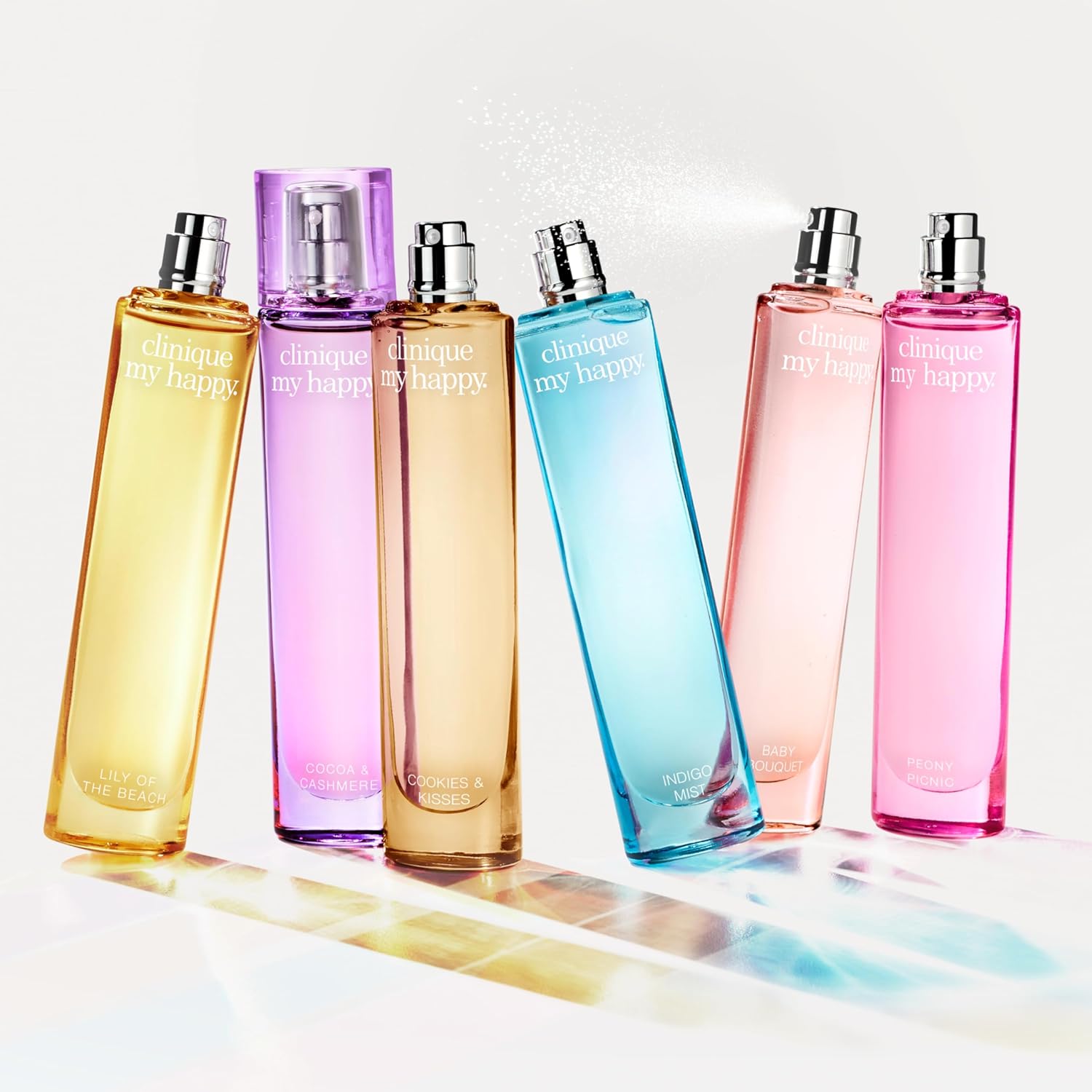 Buy now Clinique My Happy Fragrance Spray | Cocoa & Cashmere, Baby Bouquet, Cookies & Kisses, Indigo Mist, Lily of the Beach, Peony Picnic | Perfumes for Women at indiglob india