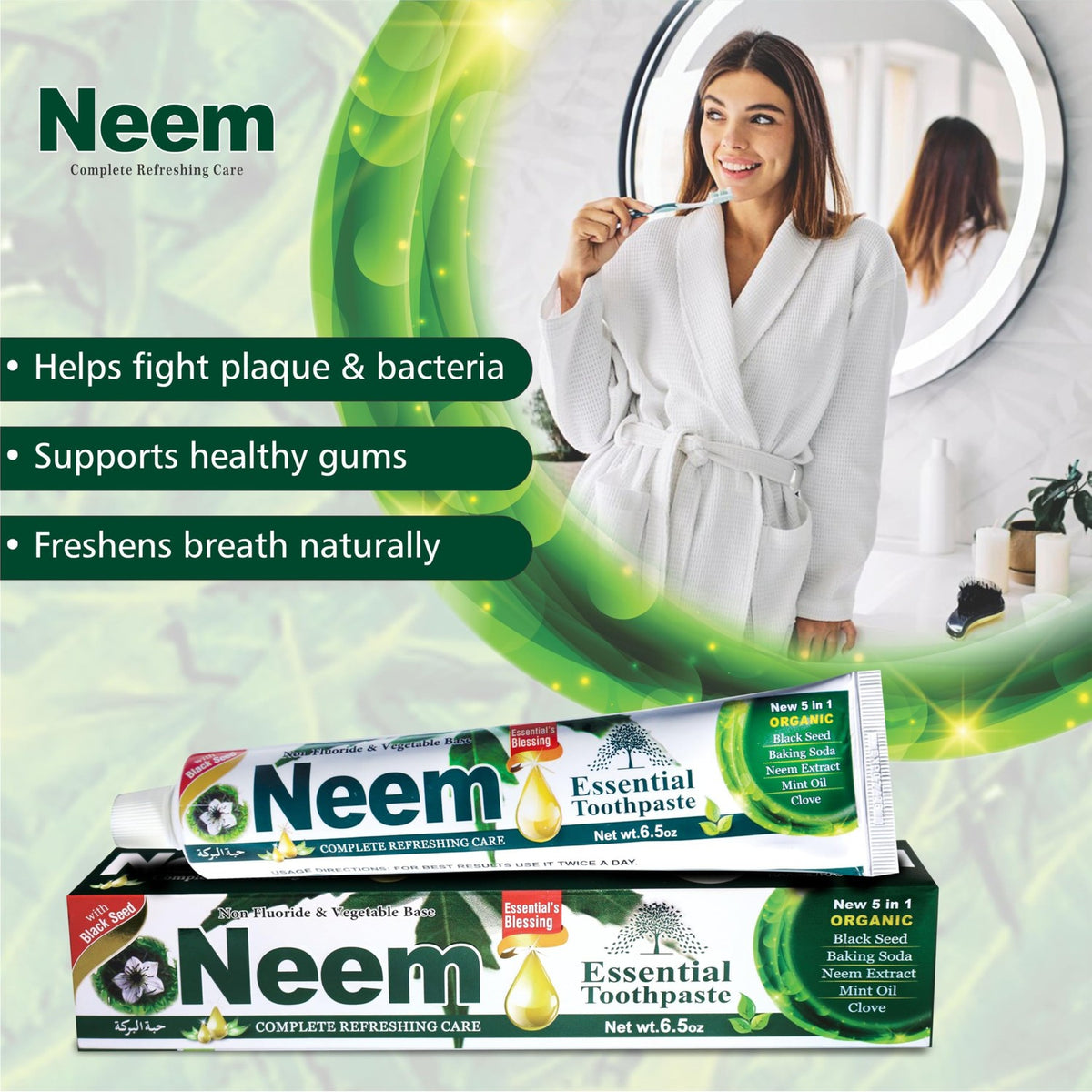 NEEM Essential Toothpaste - 6.53 oz Pack of 6 | New 5 in 1, Fluoride Free